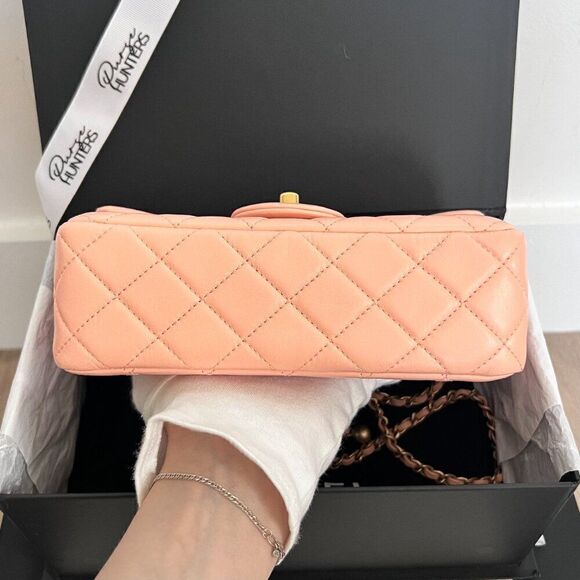 100% Authentic CHANEL Mini Rectangular in Salmon Pink Lambskin with GHW - Picture 6 of 14